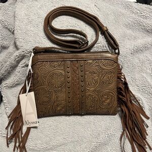 Alyssa Brown Embossed Fringe Crossbody Bag